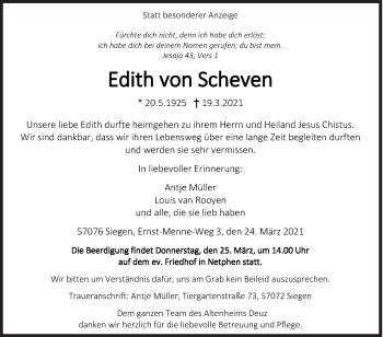 Traueranzeige von Edith von Scheven von Siegener Zeitung