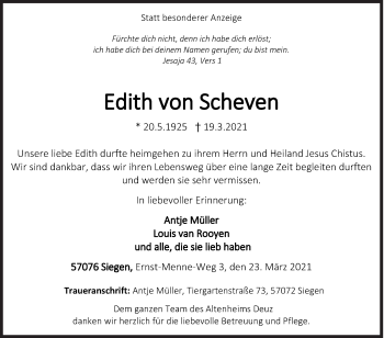 Traueranzeige von Edith von Scheven von Siegener Zeitung