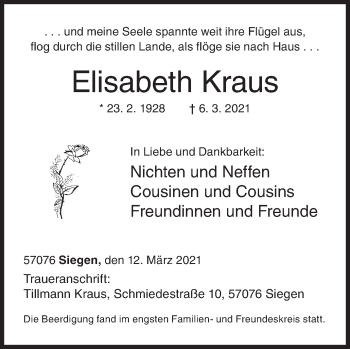 Traueranzeige von Elisabeth Kraus von Siegener Zeitung