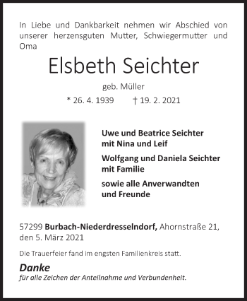Traueranzeige von Elsbeth Seichter von Siegener Zeitung