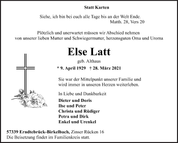 Traueranzeige von Else Latt von Siegener Zeitung