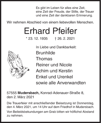 Traueranzeige von Erhard Pfeifer von Siegener Zeitung