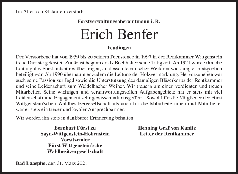 Traueranzeige für Erich Benfer vom 31.03.2021 aus Siegener Zeitung