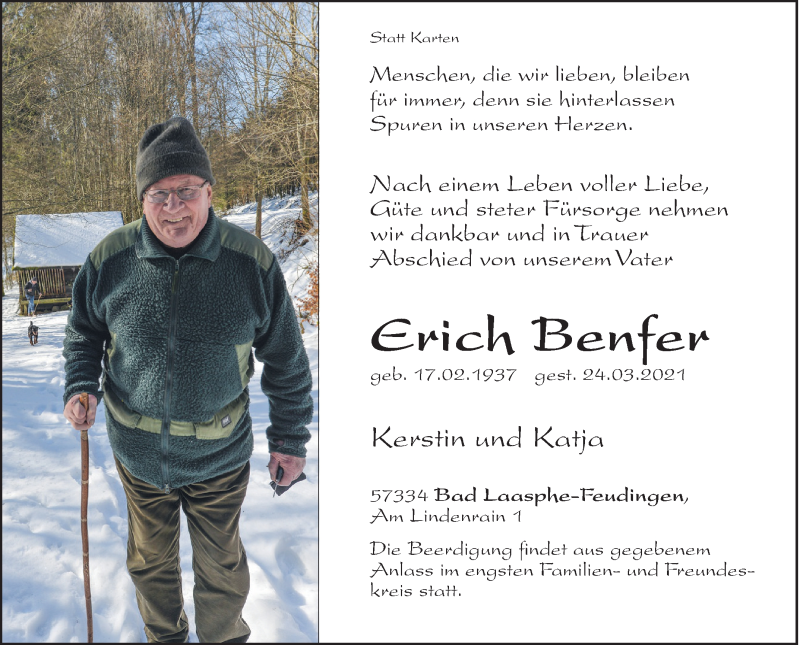  Traueranzeige für Erich Benfer vom 29.03.2021 aus Siegener Zeitung