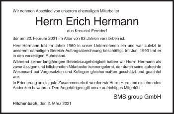 Traueranzeige von Erich Hermann von Siegener Zeitung