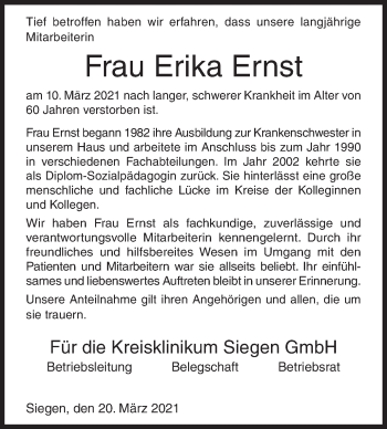 Traueranzeige von Erika Ernst von Siegener Zeitung