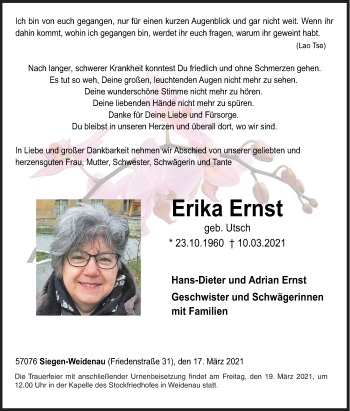 Traueranzeige von Erika Ernst von Siegener Zeitung