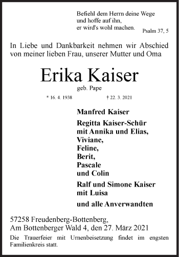 Traueranzeige von Erika Kaiser von Siegener Zeitung