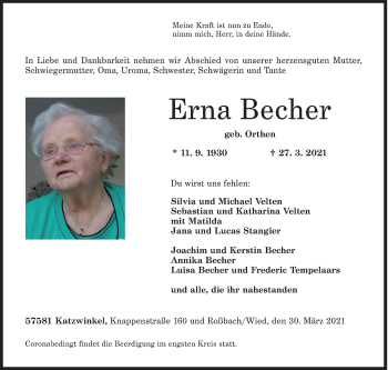Traueranzeige von Erna Becher von Siegener Zeitung