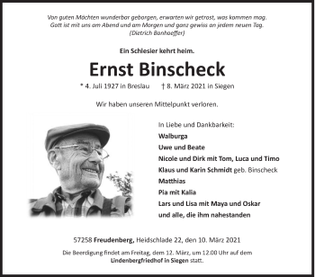 Traueranzeige von Ernst Binscheck von Siegener Zeitung