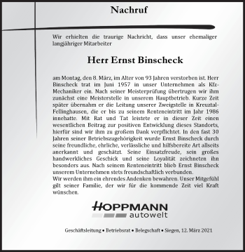 Traueranzeige von Ernst Binscheck von Siegener Zeitung
