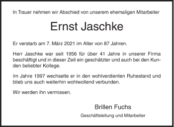 Traueranzeige von Ernst Jaschke von Siegener Zeitung