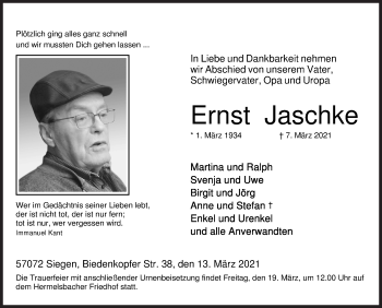Traueranzeige von Ernst Jaschke von Siegener Zeitung