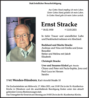 Traueranzeige von Ernst Stracke von Siegener Zeitung