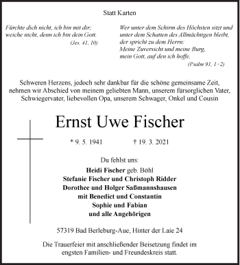 Traueranzeige von Ernst Uwe Fischer von Siegener Zeitung