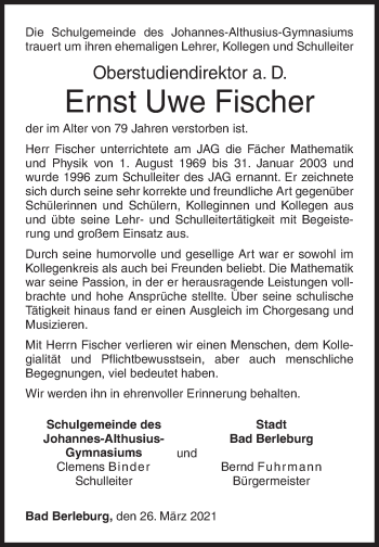 Traueranzeige von Ernst Uwe Fischer von Siegener Zeitung