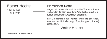 Traueranzeige von Esther Höchst von Siegener Zeitung