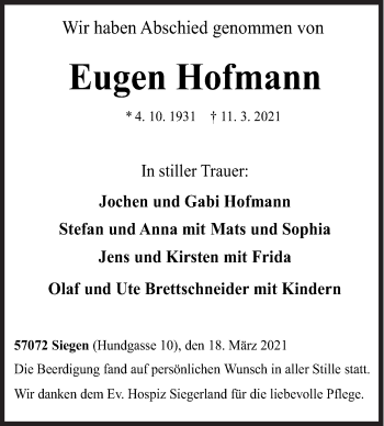 Traueranzeige von Eugen Hofmann von Siegener Zeitung