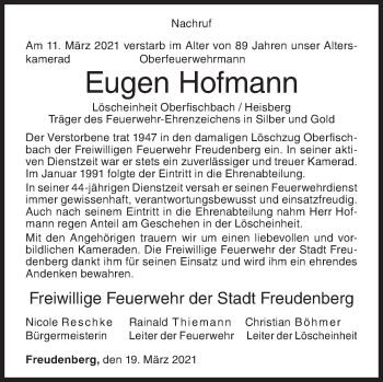Traueranzeige von Eugen Hofmann von Siegener Zeitung