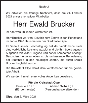 Traueranzeige von Ewald Brucker von Siegener Zeitung