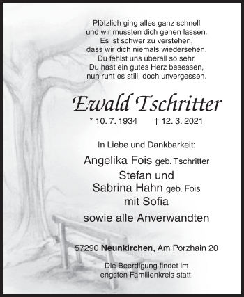 Traueranzeige von Ewald Tschritter von Siegener Zeitung