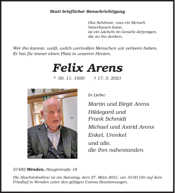 Traueranzeige von Felix Arens von Siegener Zeitung
