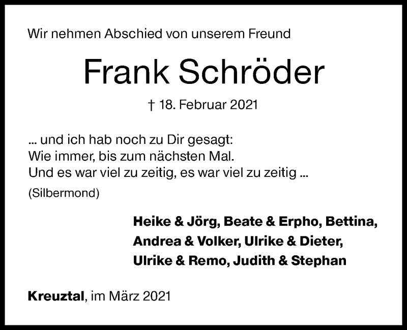  Traueranzeige für Frank Schröder vom 06.03.2021 aus Siegener Zeitung