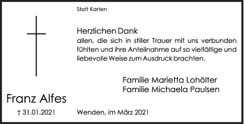 Traueranzeige von Franz Alfes von Siegener Zeitung
