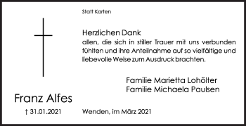 Traueranzeige von Franz Alfes von Siegener Zeitung