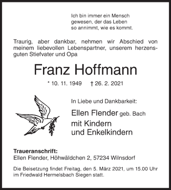 Traueranzeige von Franz Hoffmann von Siegener Zeitung
