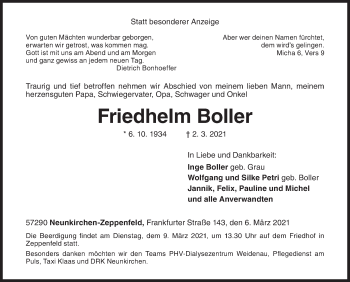 Traueranzeige von Friedhelm Boller von Siegener Zeitung