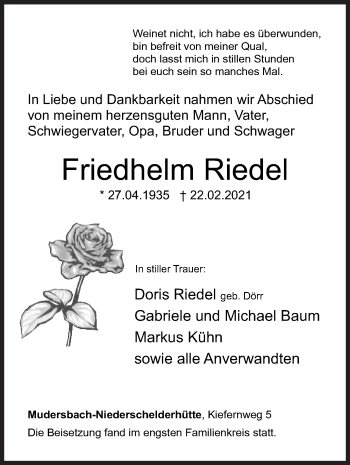 Traueranzeige von Friedhelm Riedel von Siegener Zeitung