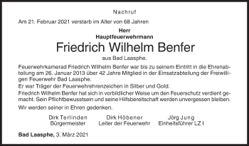 Traueranzeige von Friedrich Wilhelm Benfer von Siegener Zeitung