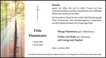Traueranzeige von Fritz Hammann von Siegener Zeitung