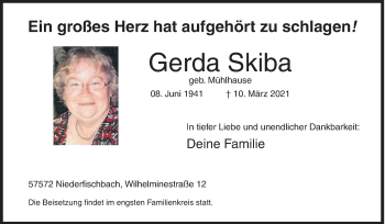 Traueranzeige von Gerda Skiba von Siegener Zeitung