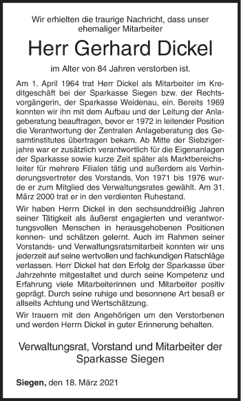 Traueranzeige von Gerhard Dickel von Siegener Zeitung