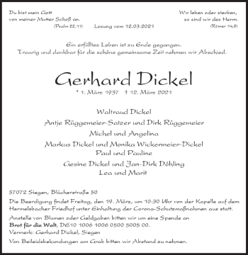Traueranzeige von Gerhard Dickel von Siegener Zeitung