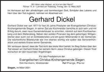 Traueranzeige von Gerhard Dickel von Siegener Zeitung