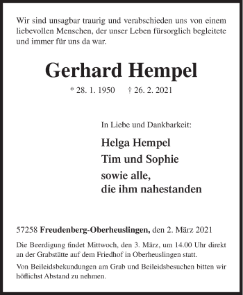 Traueranzeige von Gerhard Hempel von Siegener Zeitung