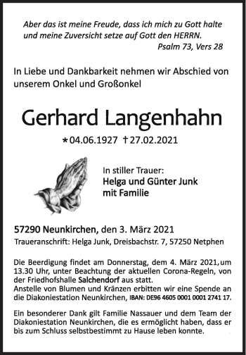Traueranzeige von Gerhard Langenhahn von Siegener Zeitung