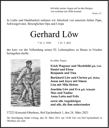 Traueranzeige von Gerhard Löw von Siegener Zeitung