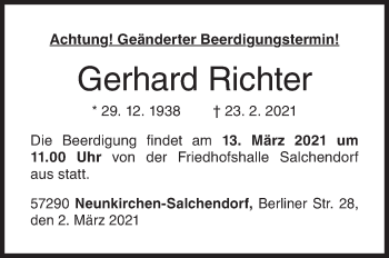 Traueranzeige von Gerhard Richter von Siegener Zeitung