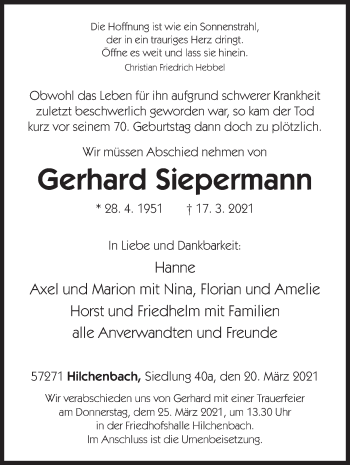 Traueranzeige von Gerhard Siepermann von Siegener Zeitung