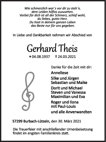 Traueranzeige von Gerhard Theis von Siegener Zeitung
