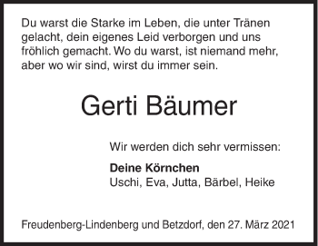 Traueranzeige von Gerti Bäumer von Siegener Zeitung