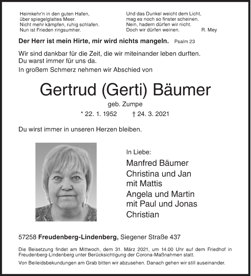  Traueranzeige für Gertrud Bäumer vom 27.03.2021 aus Siegener Zeitung