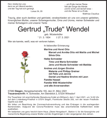 Traueranzeige von Gertrud Wendel von Siegener Zeitung