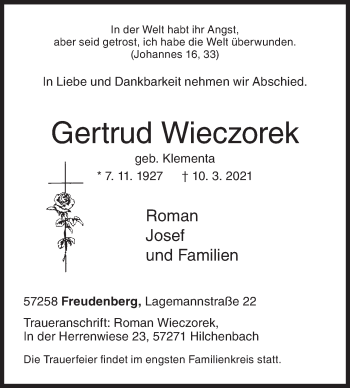 Traueranzeige von Gertrud Wieczorek von Siegener Zeitung