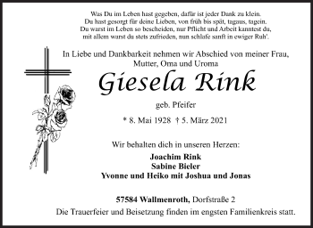 Traueranzeige von Giesela Rink von Siegener Zeitung