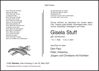 Traueranzeige von Gisela Stuff von Siegener Zeitung